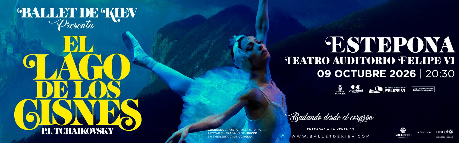 Cartel de El Lago de los Cisnes, por el Ballet de Kiev, en el Teatro Felipe VI de Estepona