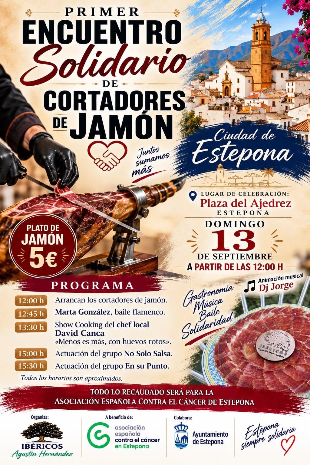 Cartel oficial del Primer Encuentro Solidario de Cortadores de Jamón, a beneficio de la AECC de Estepona, en la Plaza del Ajedrez