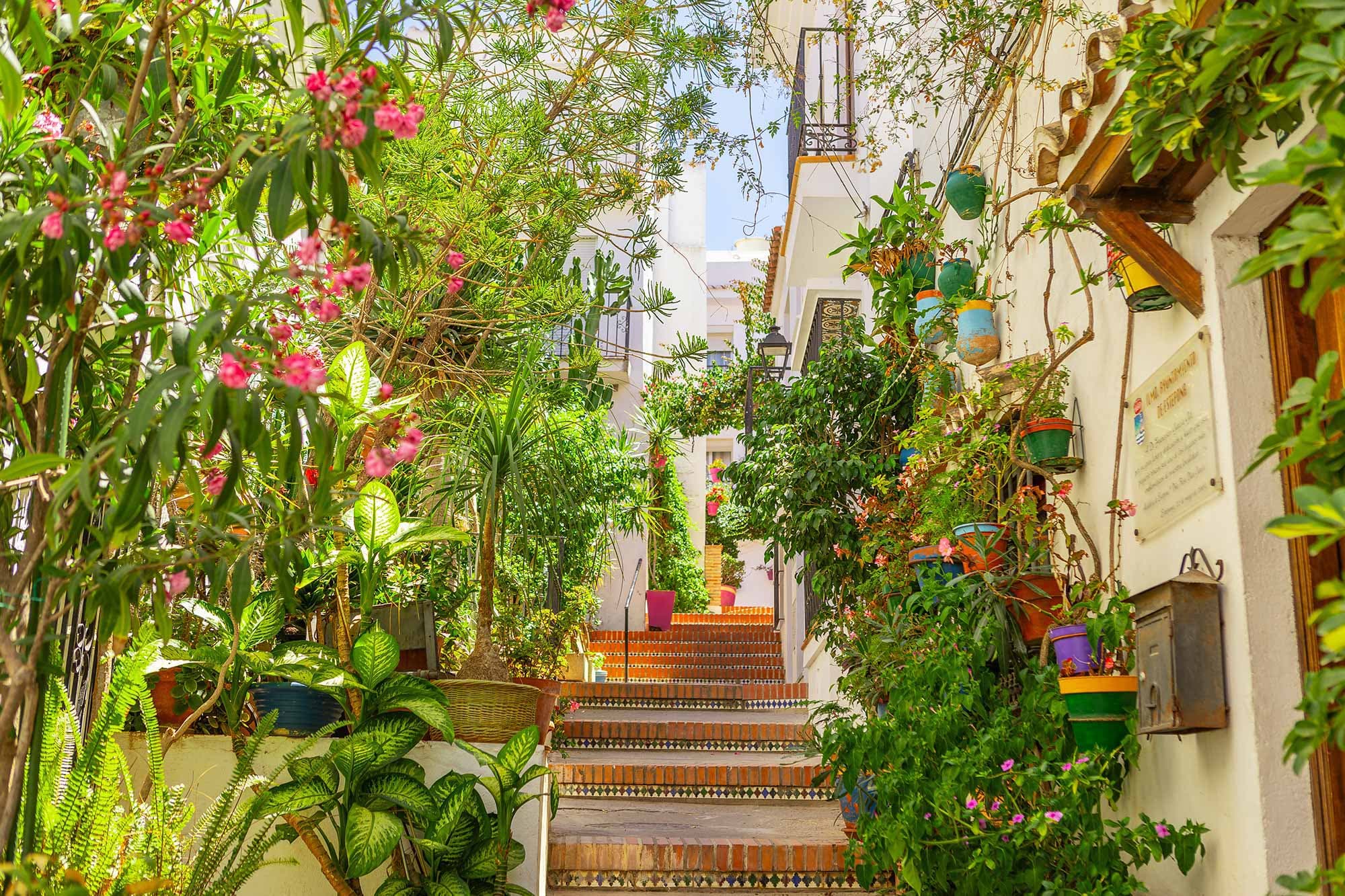 Escalera con macetas de colores en el casco antiguo de Estepona.