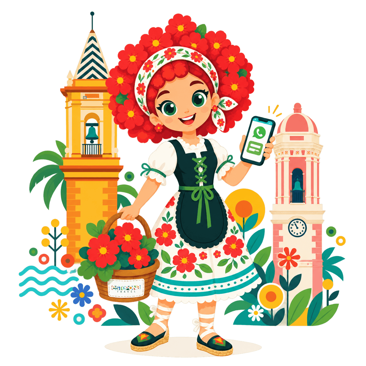 Una esteponera con traje de flores muestra el móvil con WhatsApp abierto, entre el campanario y la torre del reloj del casco antiguo.