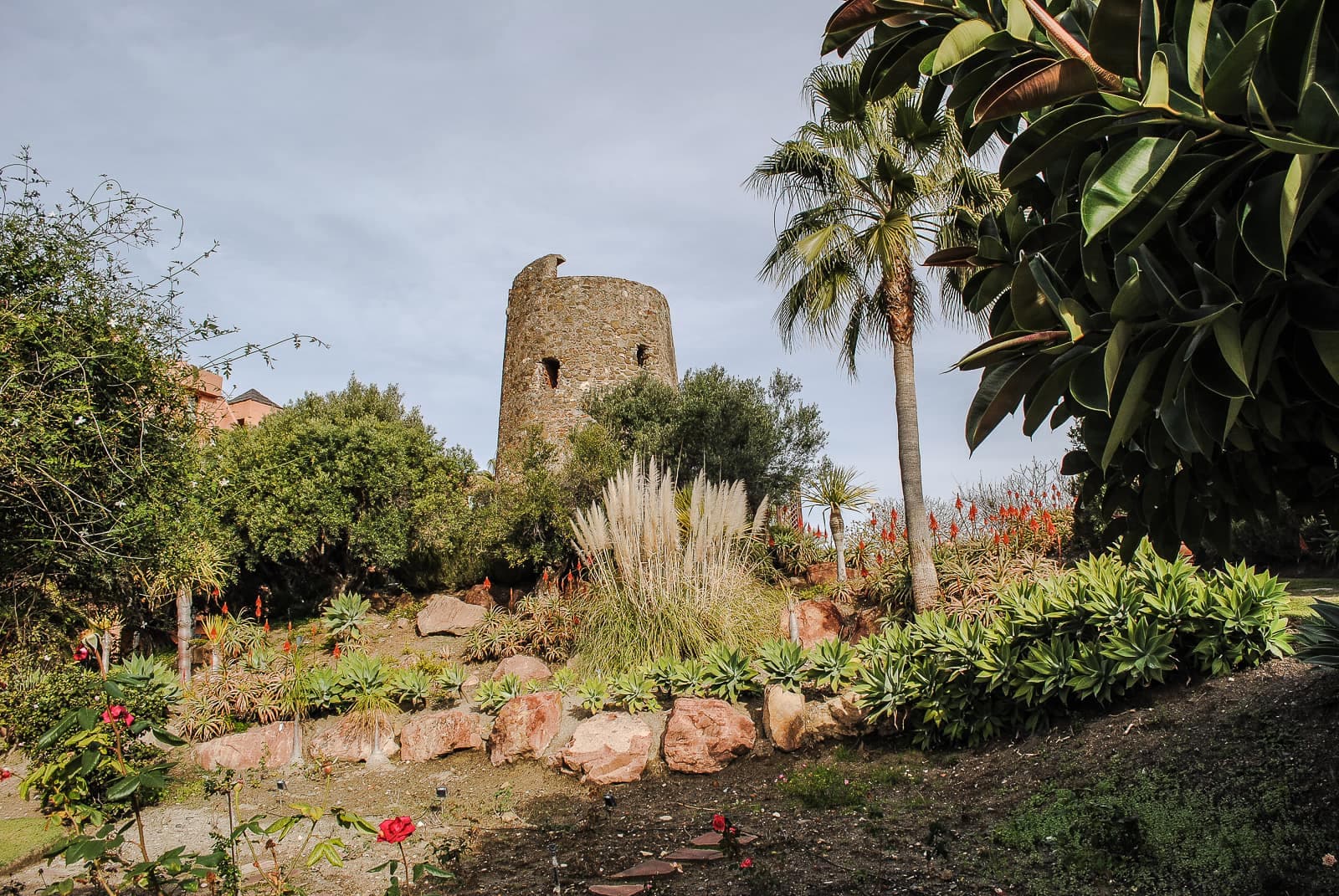 Torre almenara del Padrón o Paredón asomando tras un jardín de aloes, rosales y hierba de las pampas