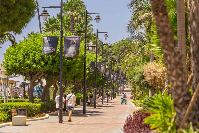 Bulevar de Estepona con farolas y pancartas de eventos culturales.