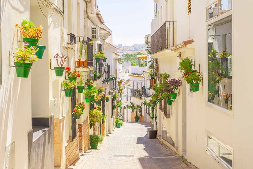 Calle del casco de Estepona con macetas verdes colgadas en fachada.