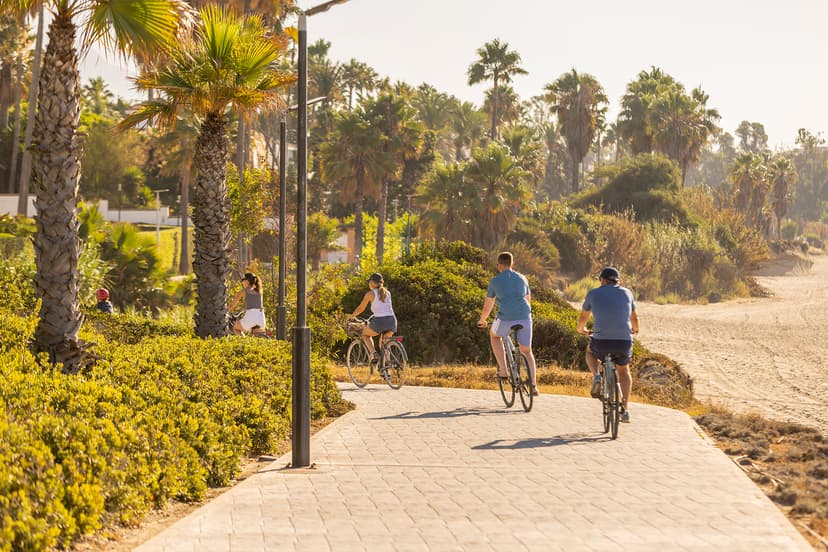 Senda Litoral de Estepona con ciclistas y palmeras al atardecer.