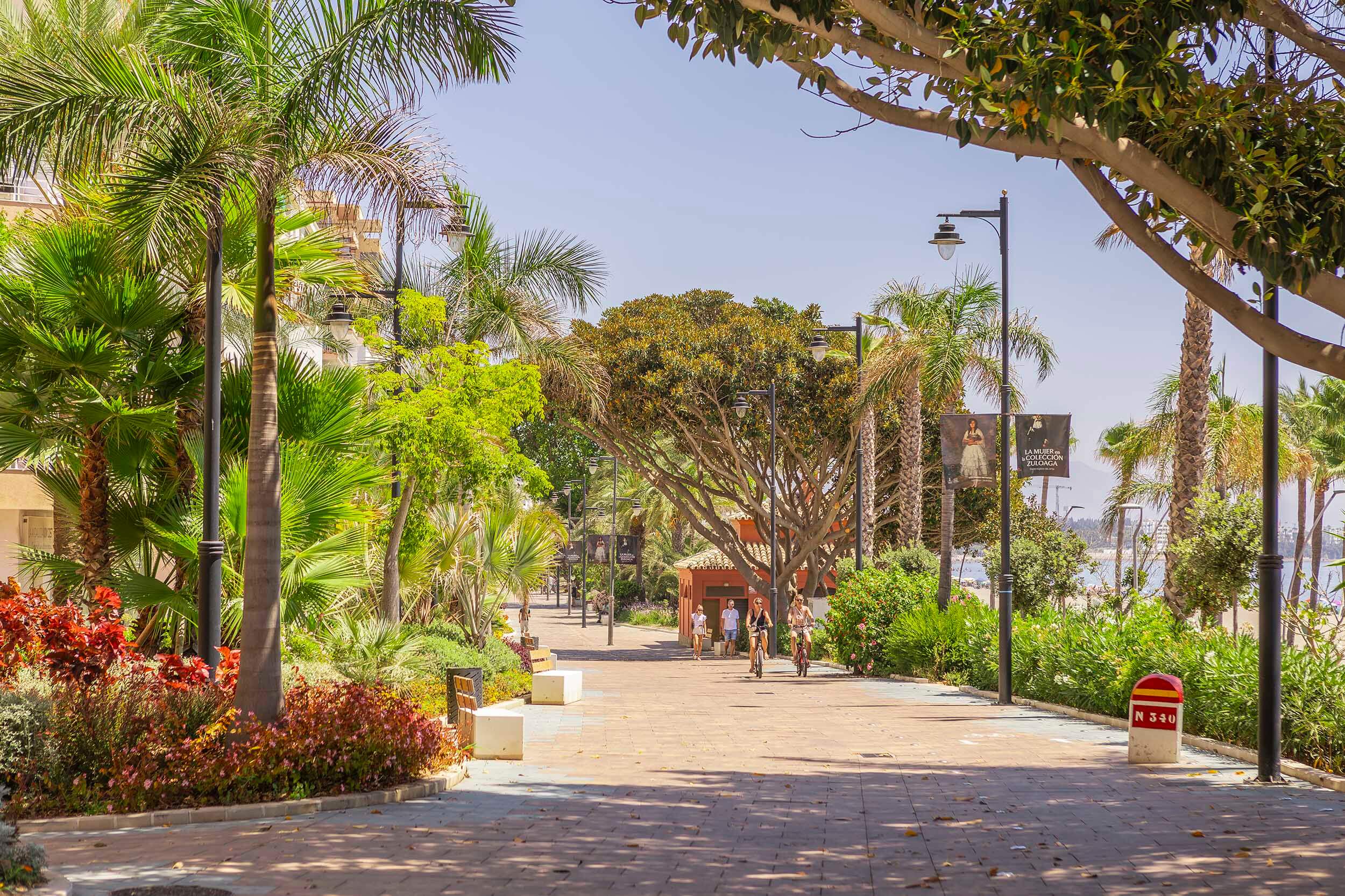 Paseo Marítimo de Estepona con palmeras y señal de la Senda Litoral.